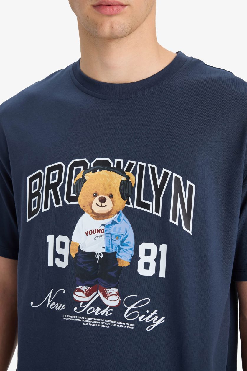 Erkek Lacivert %100 Pamuk Boxy Fit Bisiklet Yaka Baskılı Kısa Kollu Tişört