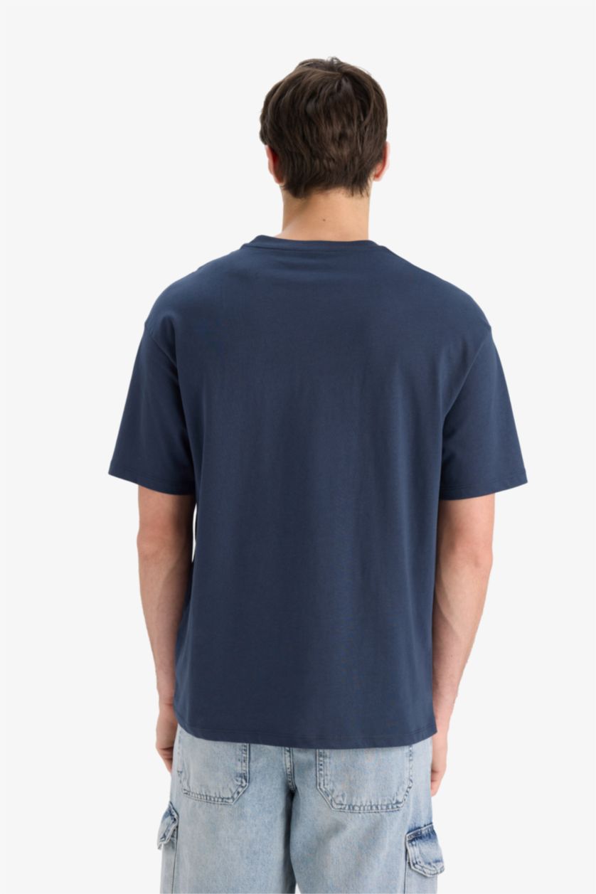 Erkek Lacivert %100 Pamuk Boxy Fit Bisiklet Yaka Baskılı Kısa Kollu Tişört