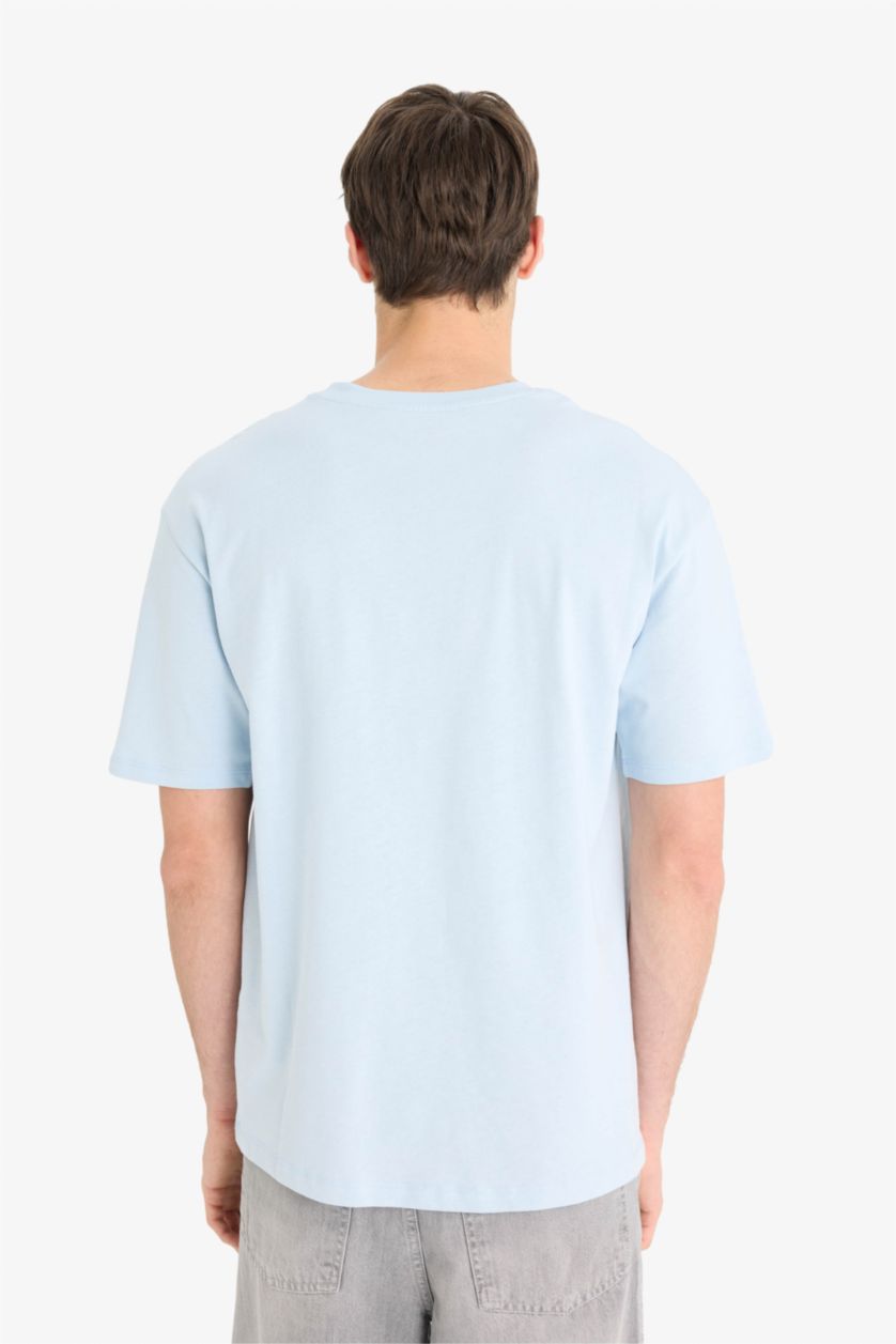 Erkek Açık Mavi %100 Pamuk Boxy Fit Bisiklet Yaka Baskılı Kısa Kollu Tişört