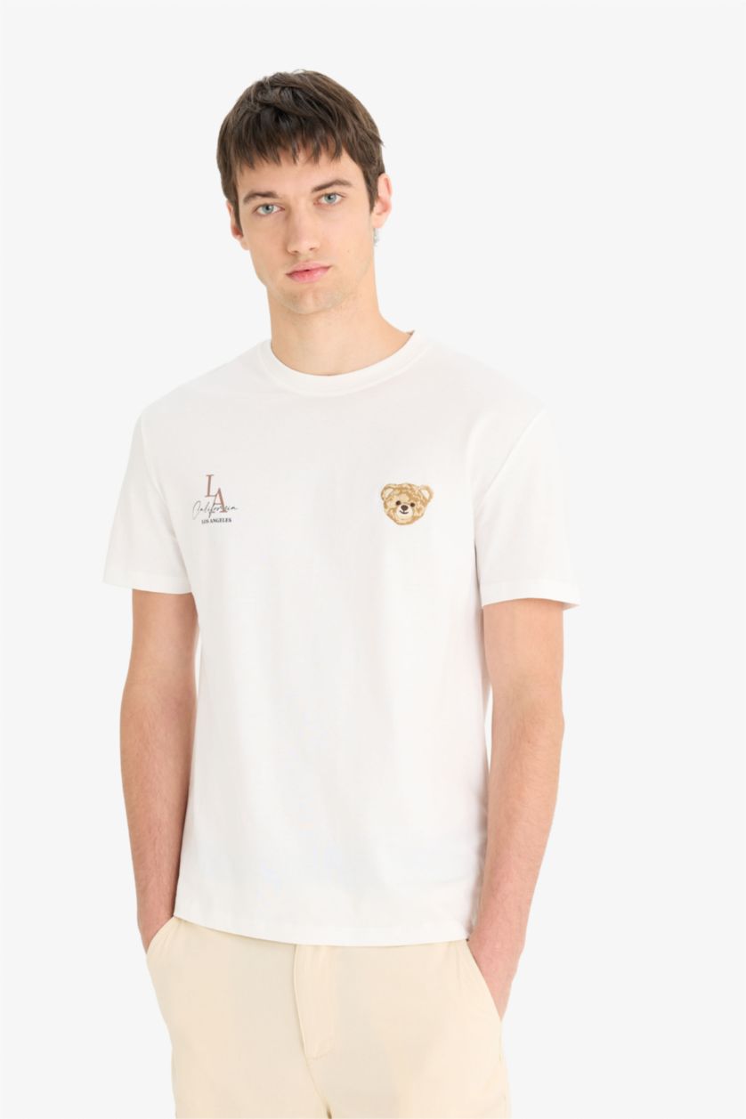 Erkek Ekru %100 Pamuk Regular Fit Bisiklet Yaka Baskılı Kısa Kollu Tişört