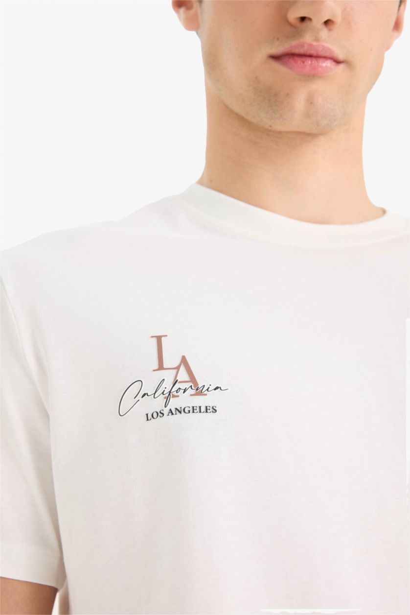 Erkek Ekru %100 Pamuk Regular Fit Bisiklet Yaka Baskılı Kısa Kollu Tişört