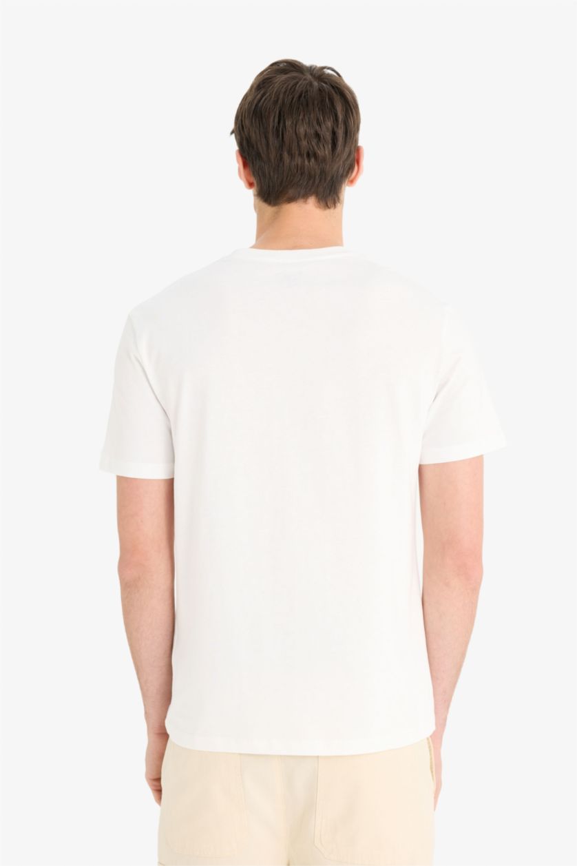 Erkek Ekru %100 Pamuk Regular Fit Bisiklet Yaka Baskılı Kısa Kollu Tişört