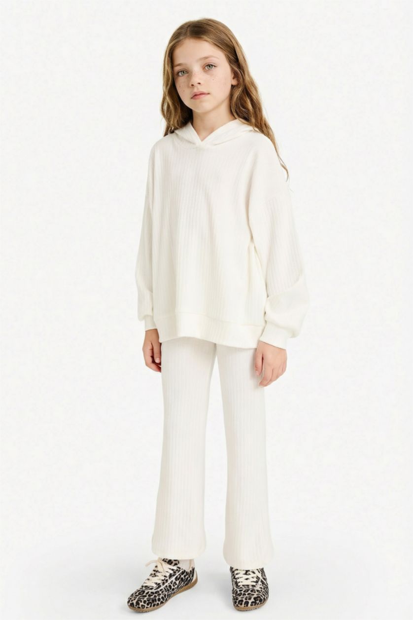 Kız Çocuk - Genç Kız Ekru 2'li Takım Kapüşonlu Sweatshirt Eşofman Altı Kız Çocuk