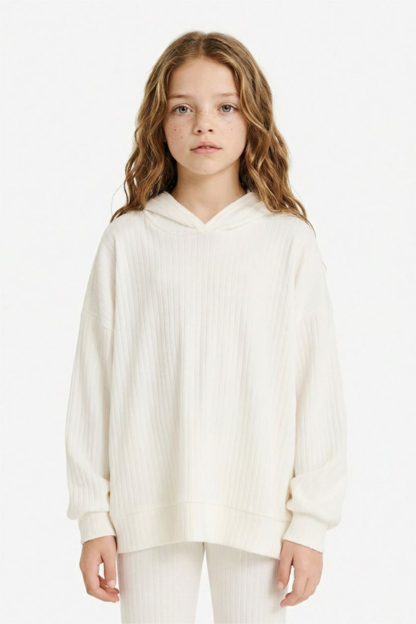 Kız Çocuk - Genç Kız Ekru 2'li Takım Kapüşonlu Sweatshirt Eşofman Altı Kız Çocuk