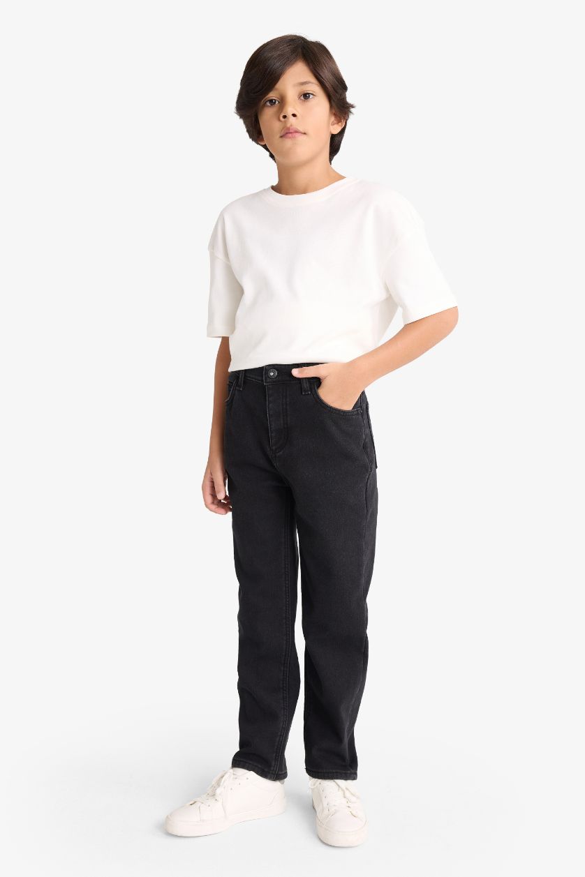 Erkek Çocuk - Genç Erkek Siyah Straight Fit Düz Paça Jean Polar Astarlı Pantolon Erkek Çocuk