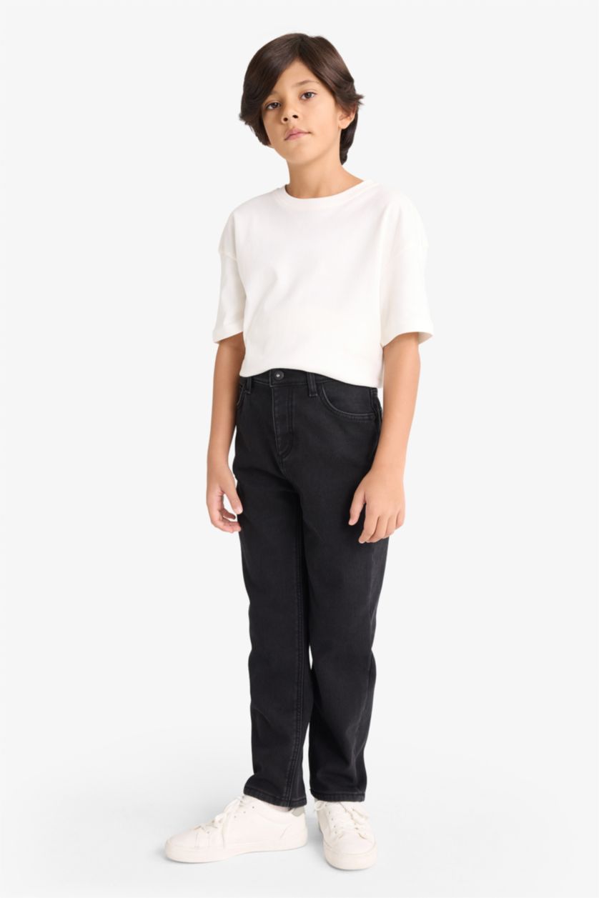 Erkek Çocuk - Genç Erkek Siyah Straight Fit Düz Paça Jean Polar Astarlı Pantolon Erkek Çocuk