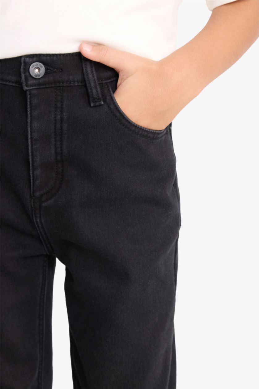 Erkek Çocuk - Genç Erkek Siyah Straight Fit Düz Paça Jean Polar Astarlı Pantolon Erkek Çocuk