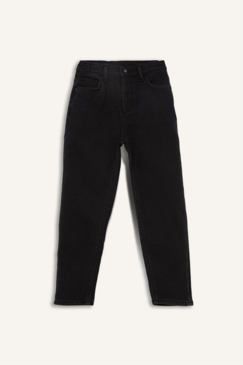 Erkek Çocuk - Genç Erkek Siyah Straight Fit Düz Paça Jean Polar Astarlı Pantolon Erkek Çocuk