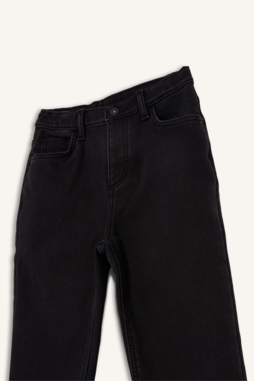 Erkek Çocuk - Genç Erkek Siyah Straight Fit Düz Paça Jean Polar Astarlı Pantolon Erkek Çocuk