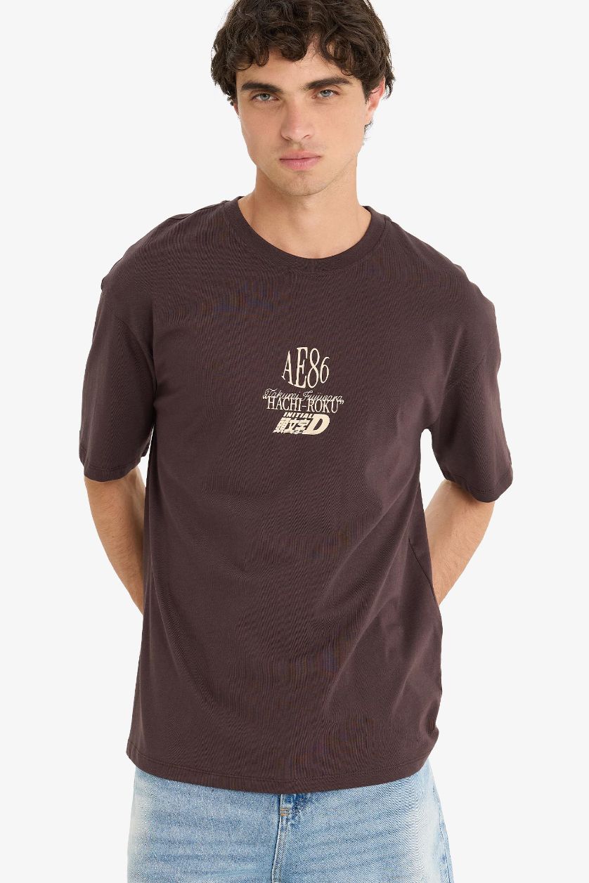 Man Brown Boxy Fit Crew Neck Printed Short Sleeve T-Shirt