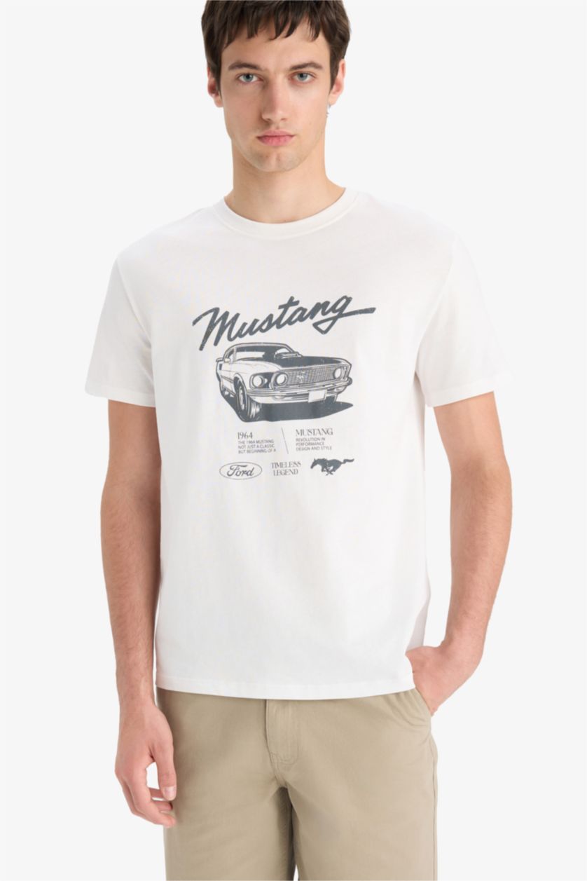 Erkek Ekru %100 Pamuk Ford Motor Company Regular Fit Bisiklet Yaka Kısa Kollu Tişört