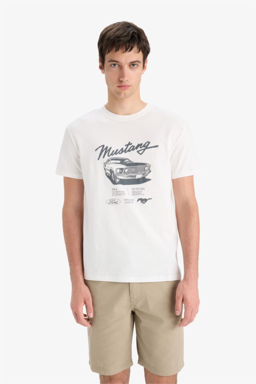 Erkek Ekru %100 Pamuk Ford Motor Company Regular Fit Bisiklet Yaka Kısa Kollu Tişört