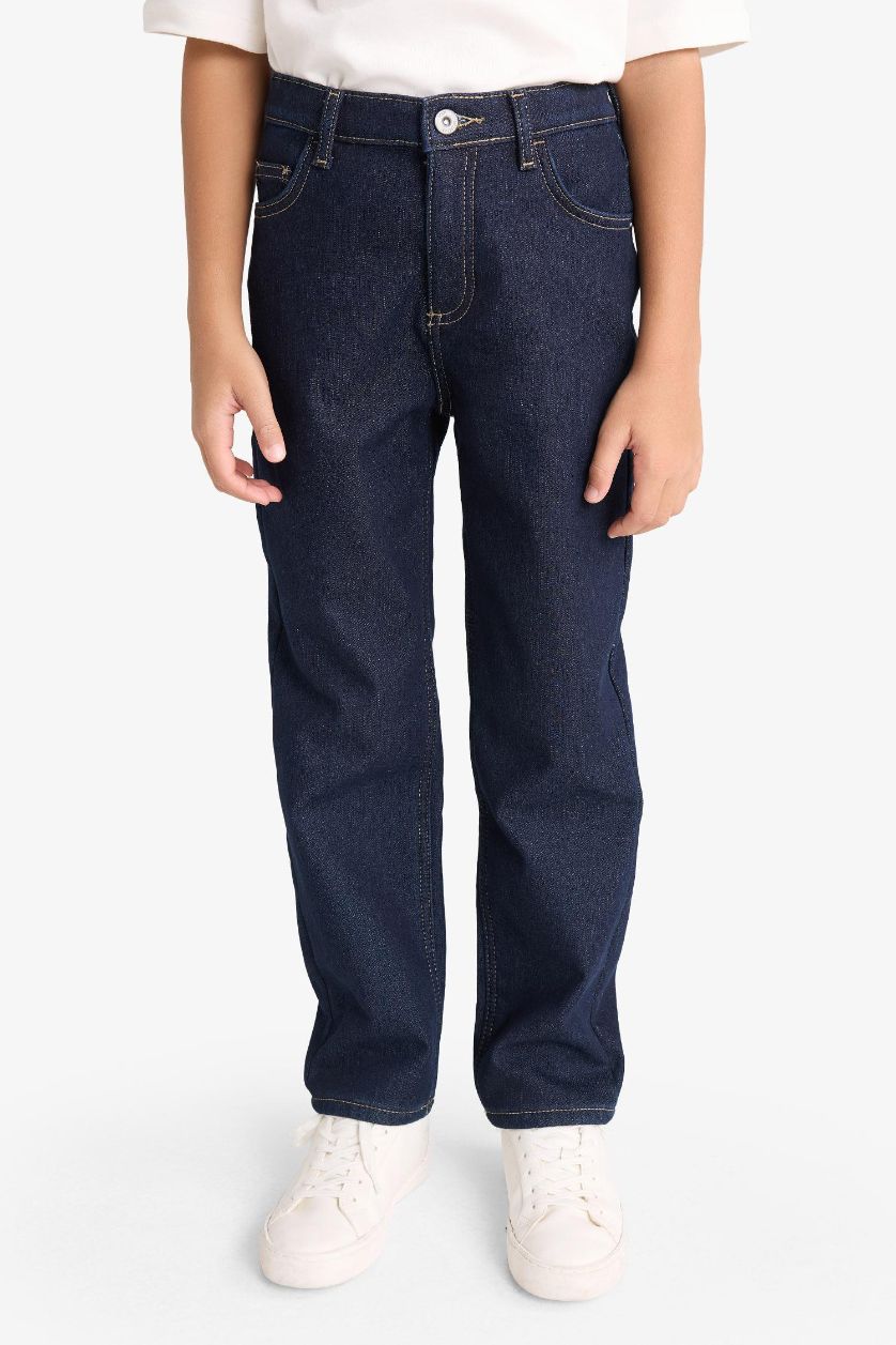 Erkek Çocuk - Genç Erkek Koyu Mavi Straight Fit Düz Paça Jean Polar Astarlı Pantolon Erkek Çocuk