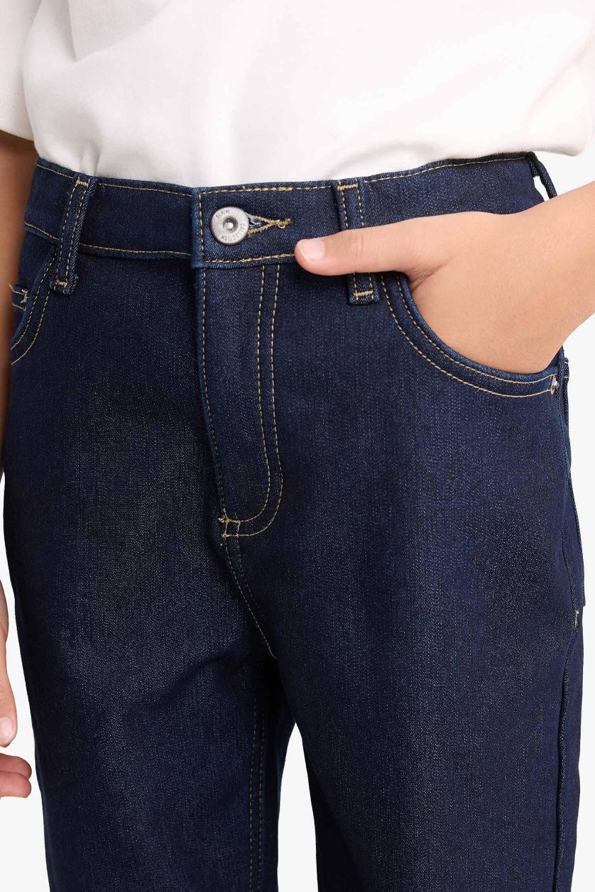 Erkek Çocuk - Genç Erkek Koyu Mavi Straight Fit Düz Paça Jean Polar Astarlı Pantolon Erkek Çocuk