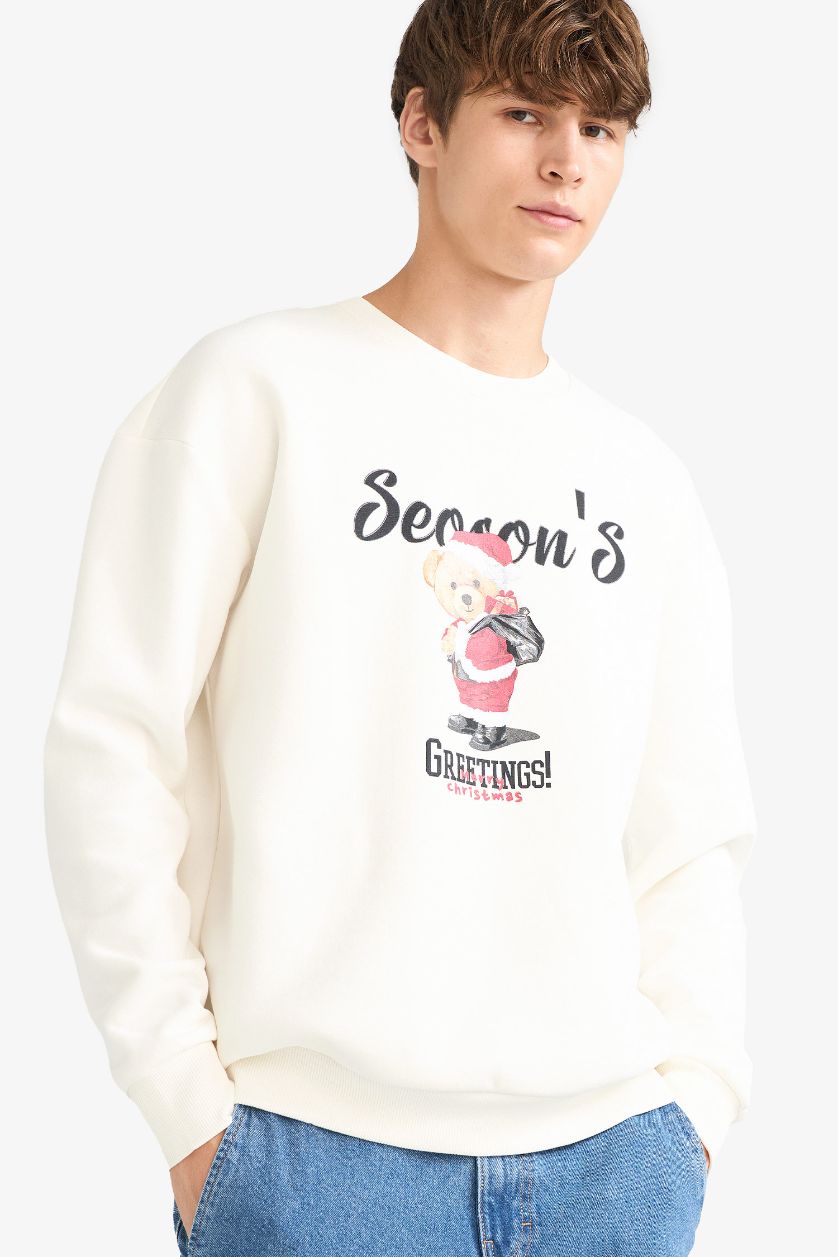 رجال بيج فاتح سويت شيرت مطبوع أوفر سايز بياقة مستديرة