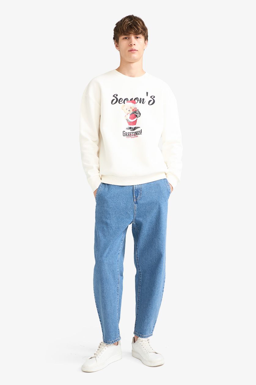 رجال بيج فاتح سويت شيرت مطبوع أوفر سايز بياقة مستديرة