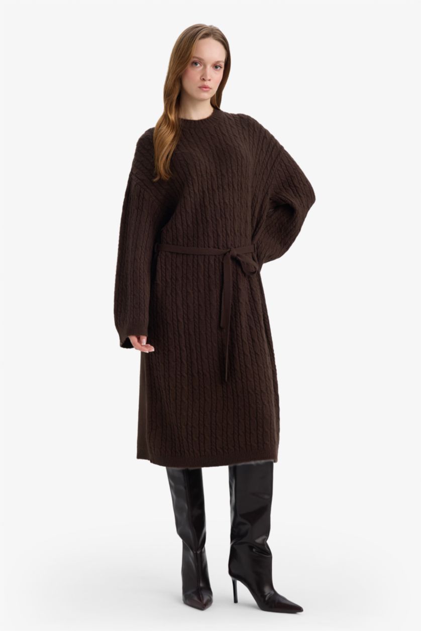 FEMME Marron Robe en maille à manches longues et col rond Coupe régulière