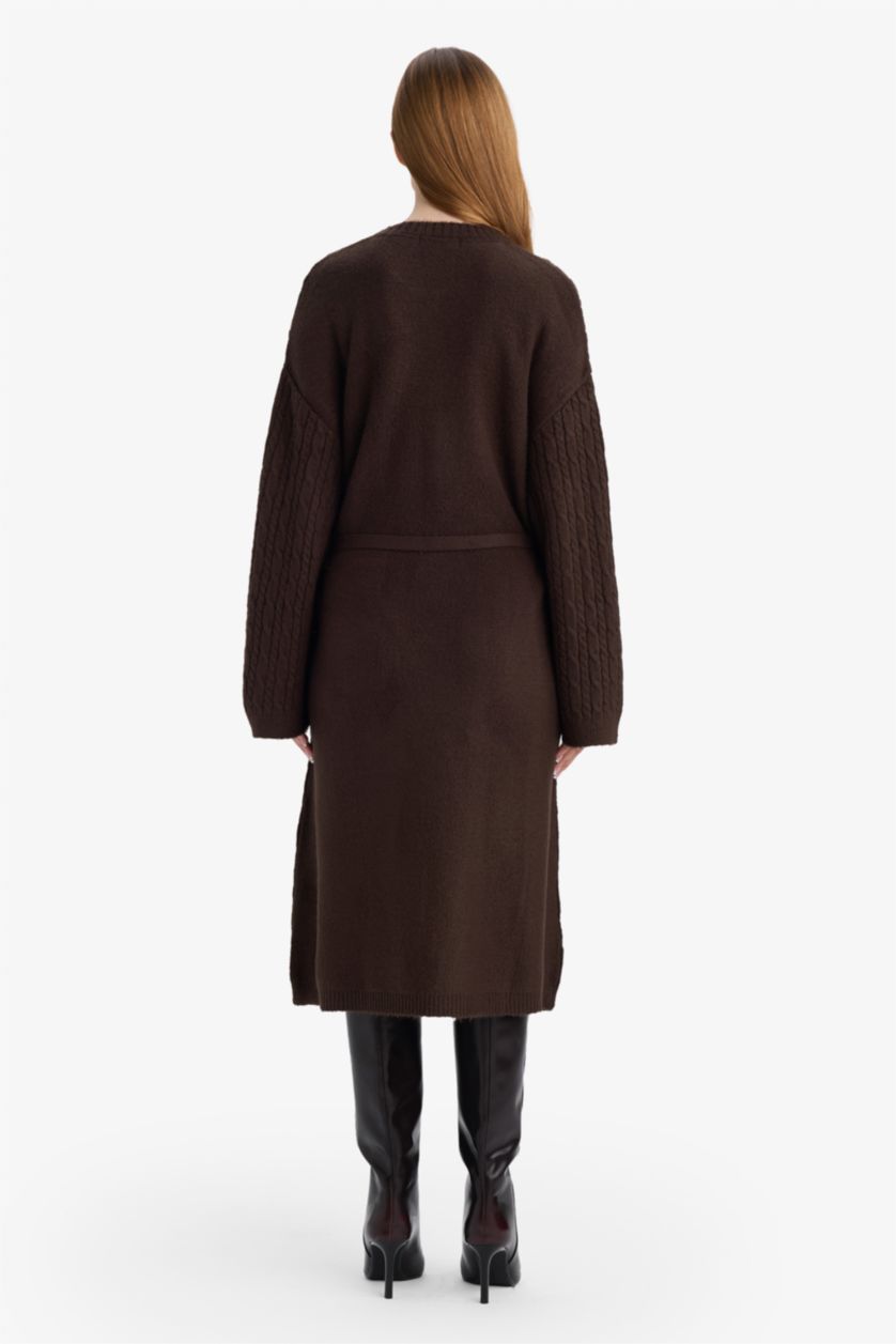 FEMME Marron Robe en maille à manches longues et col rond Coupe régulière