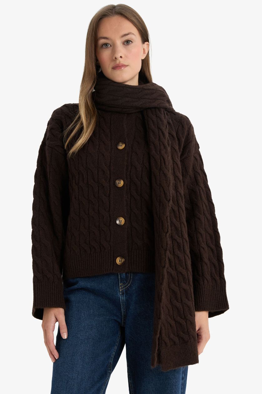 Kadın Kahve Relax Fit Bisiklet Yaka Atkılı Düğmeli Triko Hırka