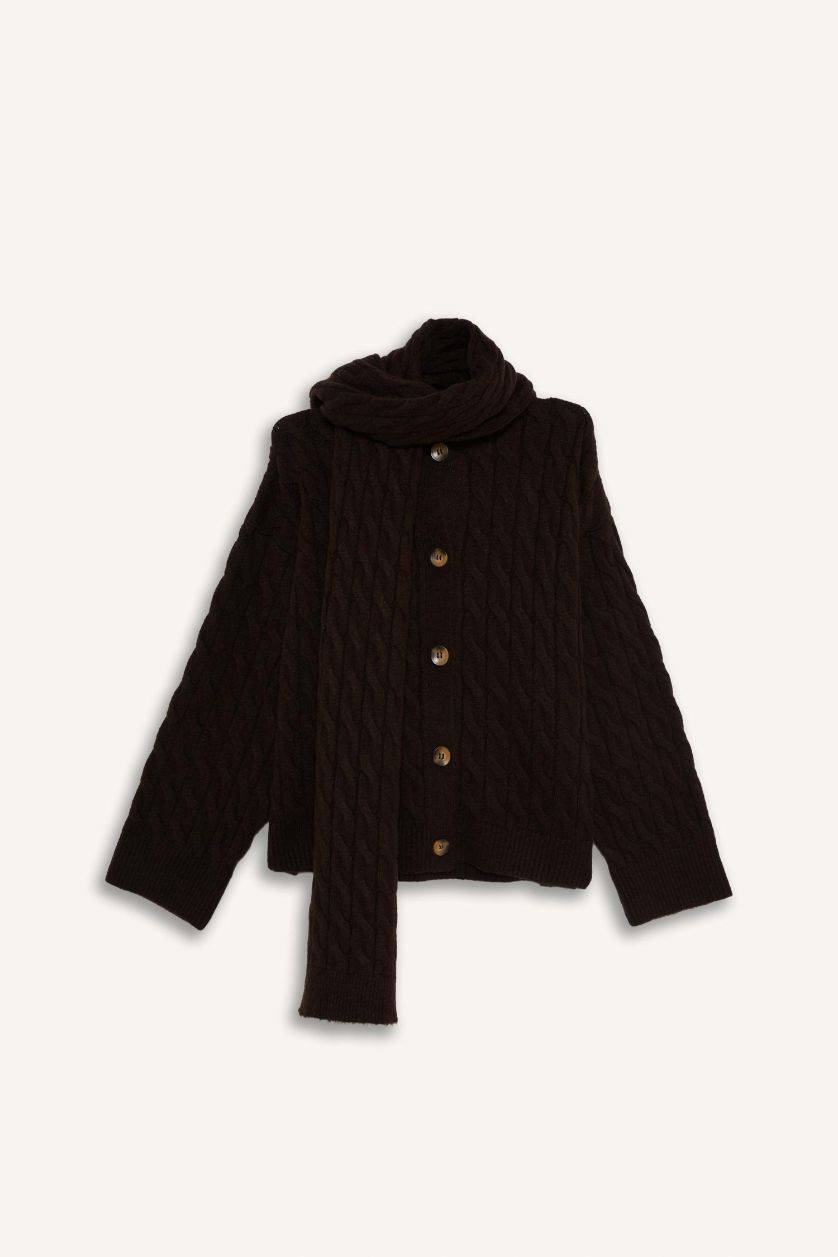 Kadın Kahve Relax Fit Bisiklet Yaka Atkılı Düğmeli Triko Hırka