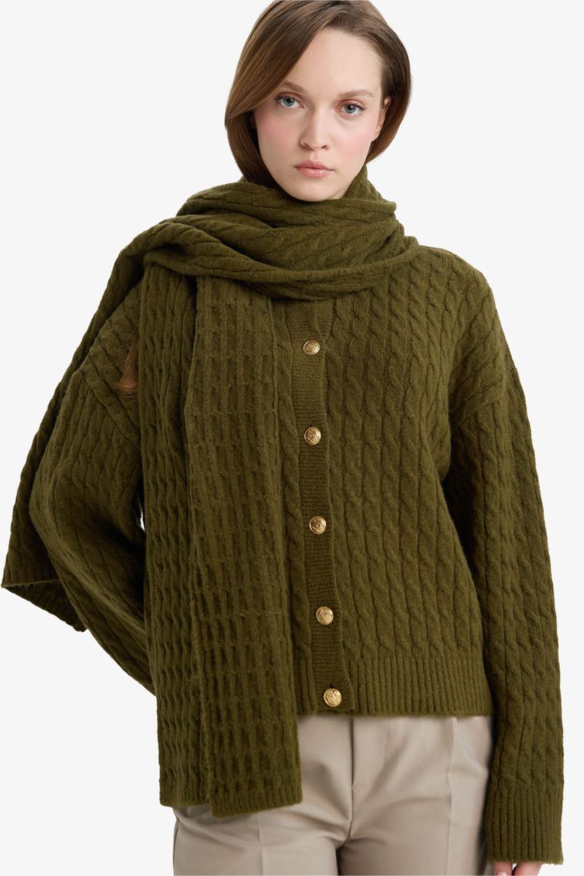 WOMAN Khaki Relaxed Fit Round Neck Knit Cardigan