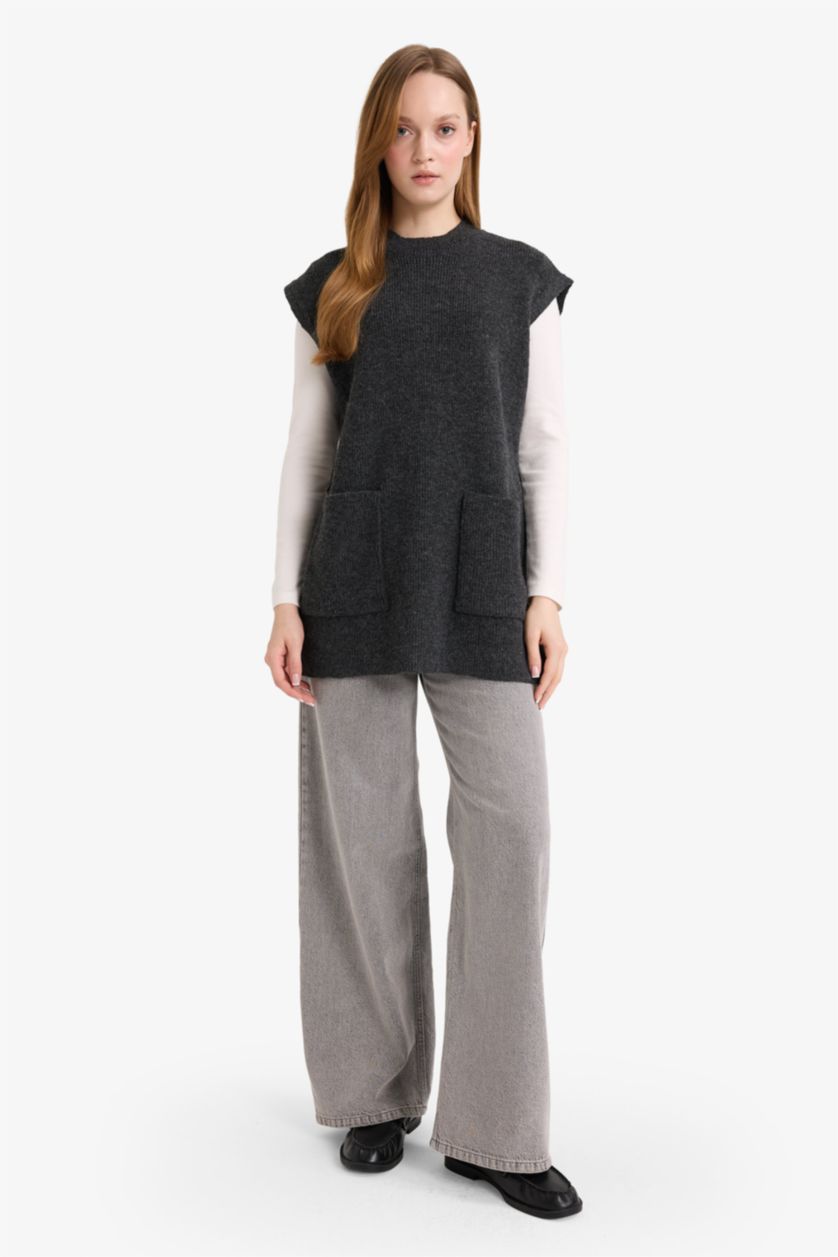 WOMAN Anthracite Loose Fit Half Turtleneck Knitwear Vest