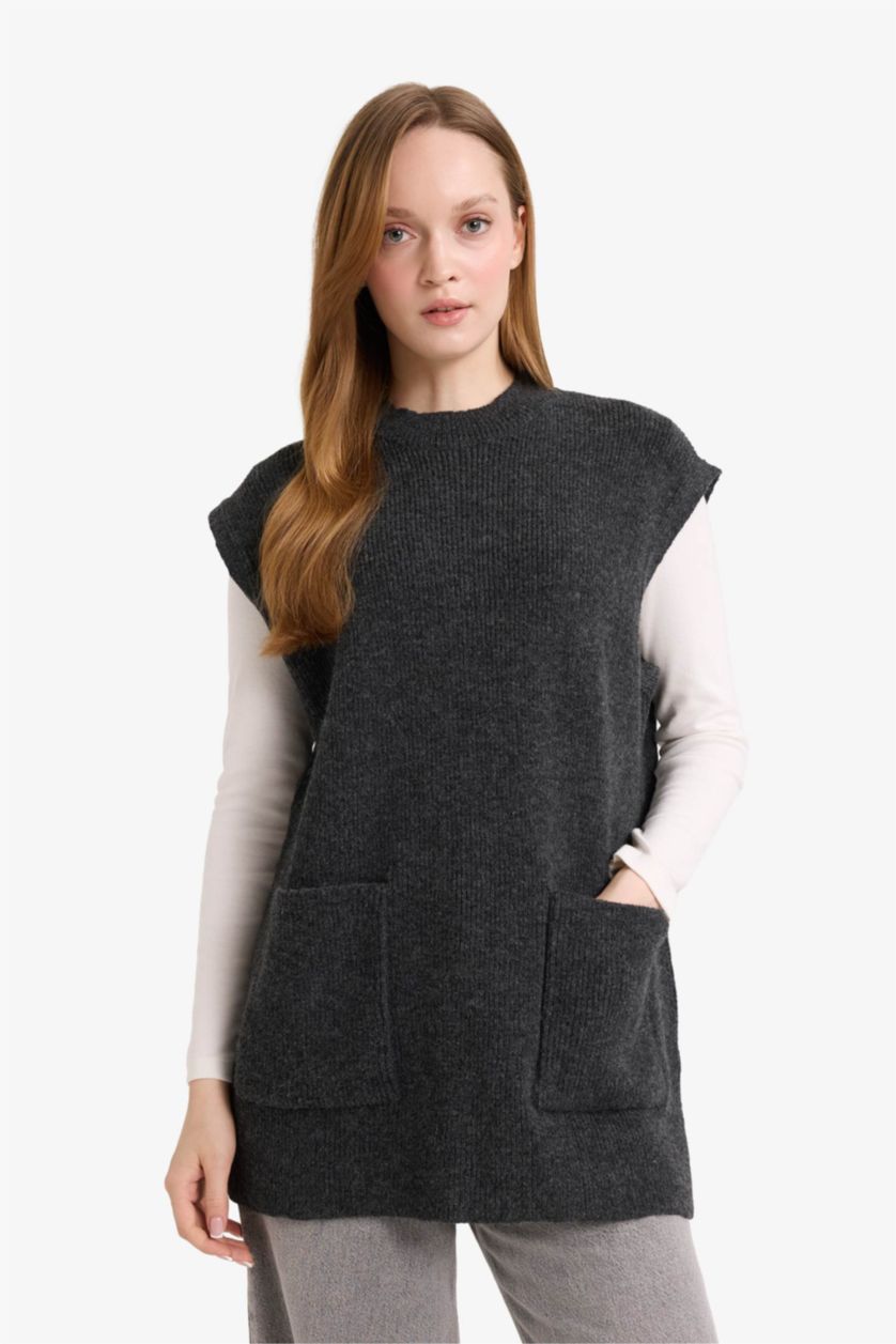 WOMAN Anthracite Loose Fit Half Turtleneck Knitwear Vest