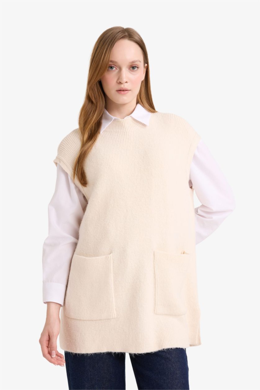WOMAN Ecru Loose Fit Half Turtleneck Knitwear Vest
