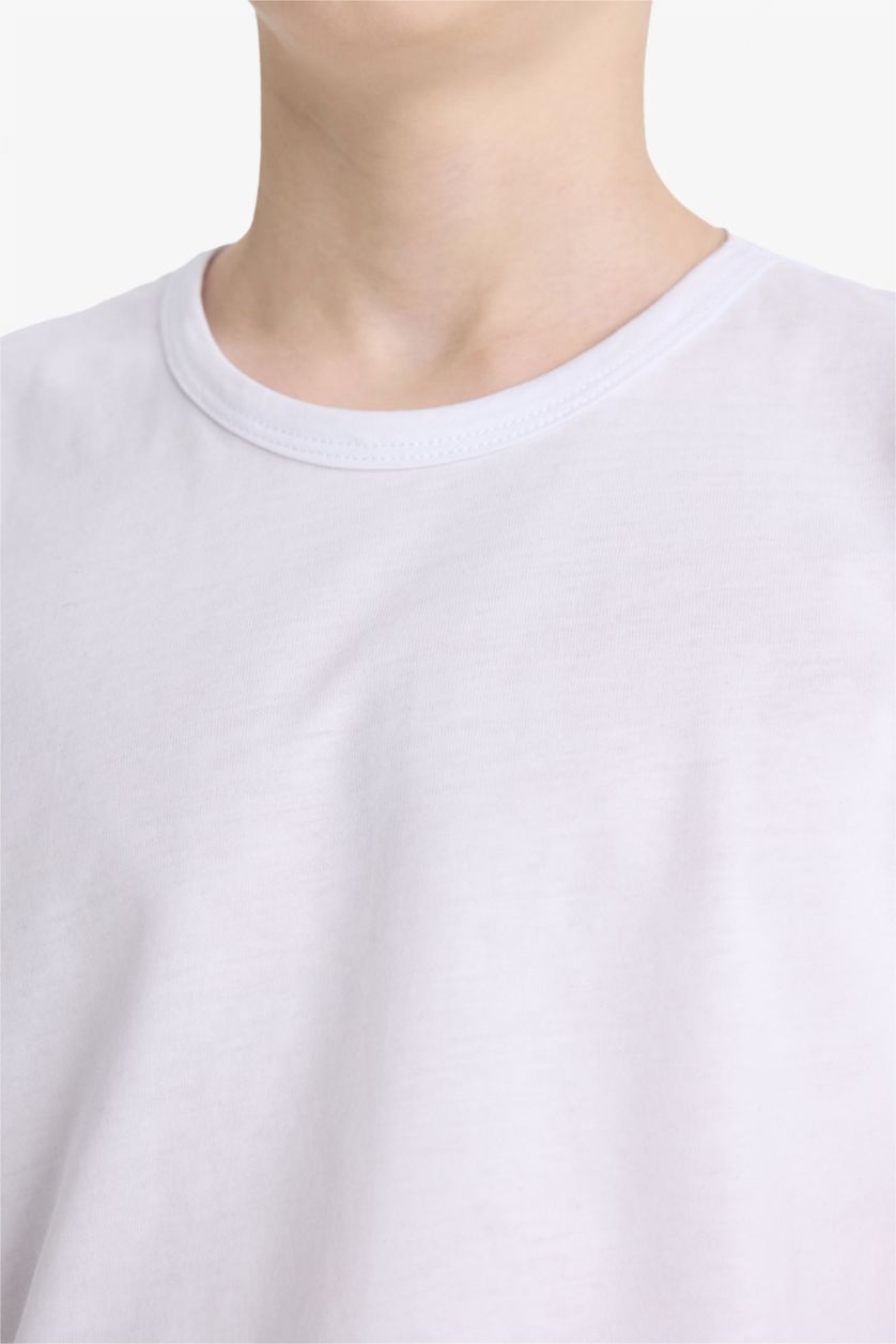 Erkek Çocuk - Genç Erkek Beyaz Bisiklet Yaka Basic Düz Beyaz Tişört Erkek Çocuk