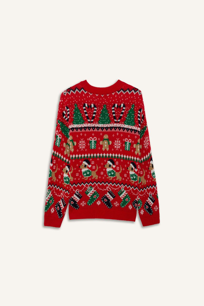 Kadın Kırmızı Yılbaşı Temalı Regular Fıt Bisiklet Yaka Kazak