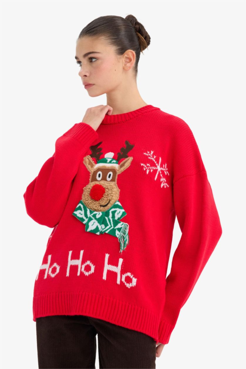 WOMAN Red Christmas Themed Regular Fit Crew Neck Knit Pullover