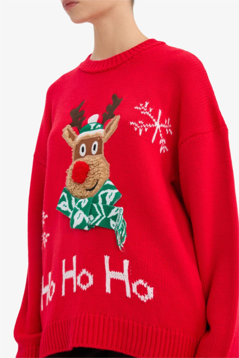 WOMAN Red Christmas Themed Regular Fit Crew Neck Knit Pullover