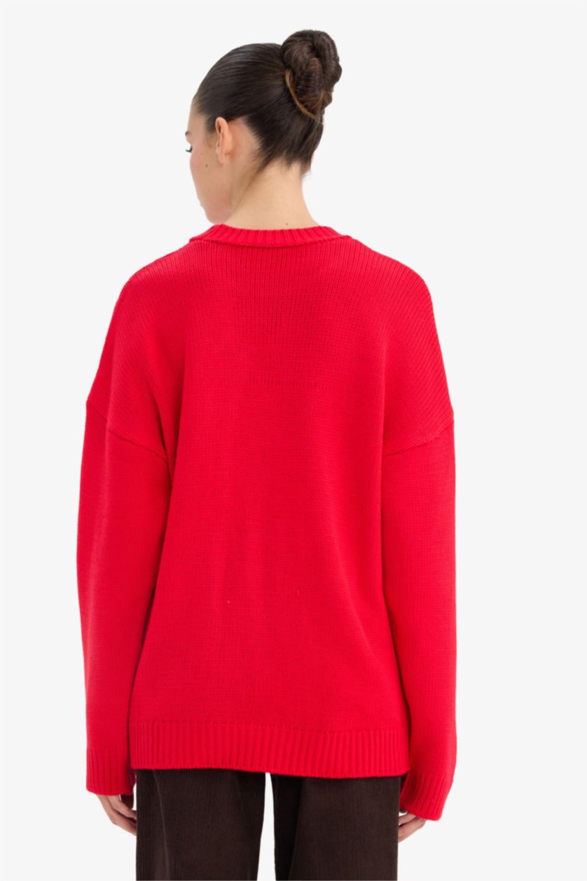 WOMAN Red Christmas Themed Regular Fit Crew Neck Knit Pullover