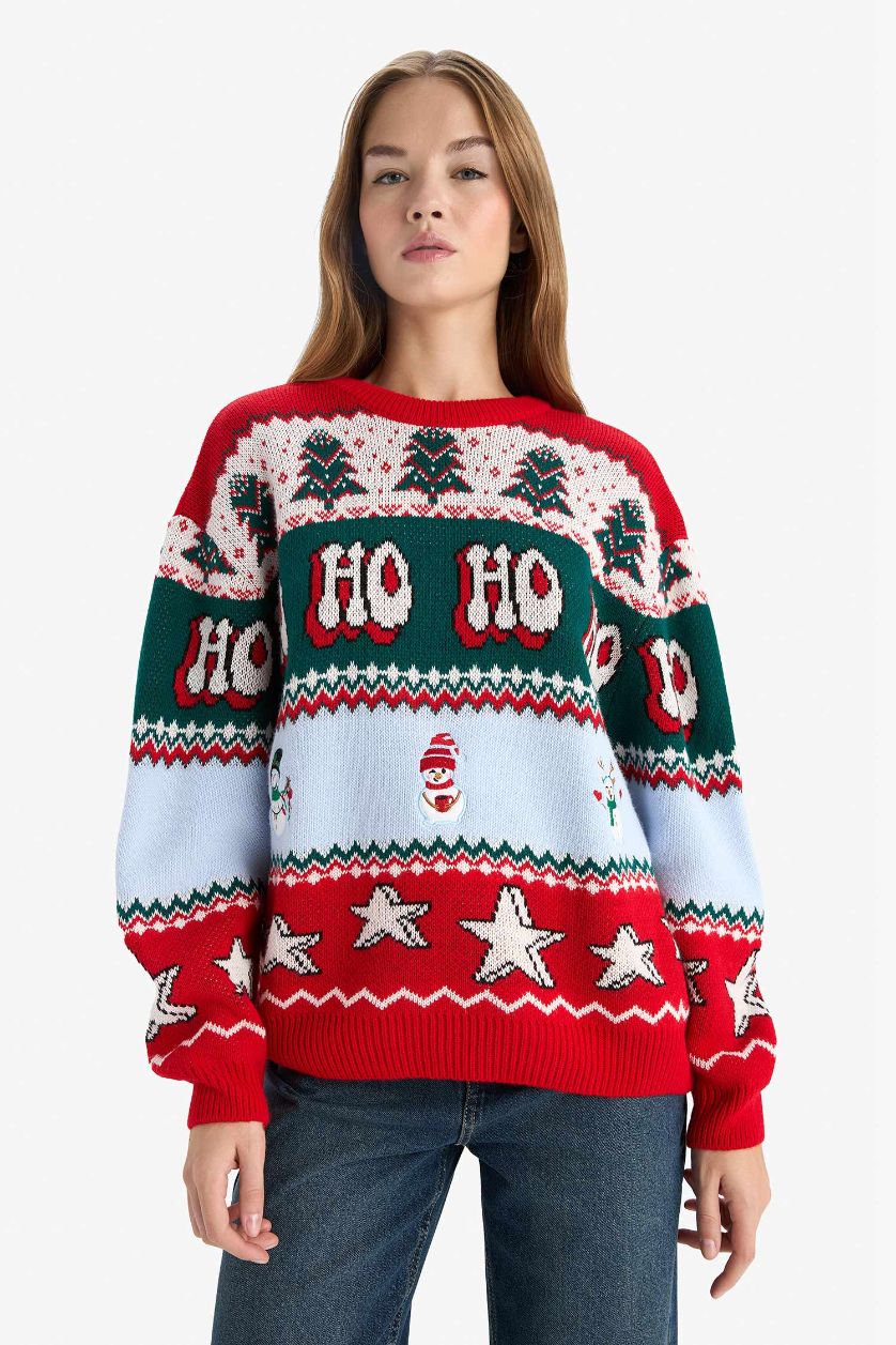 Kadın Kırmızı Yılbaşı Temalı Regular Fıt Bisiklet Yaka Kazak