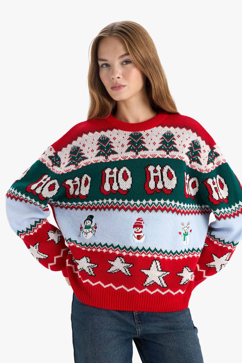 Kadın Kırmızı Yılbaşı Temalı Regular Fıt Bisiklet Yaka Kazak