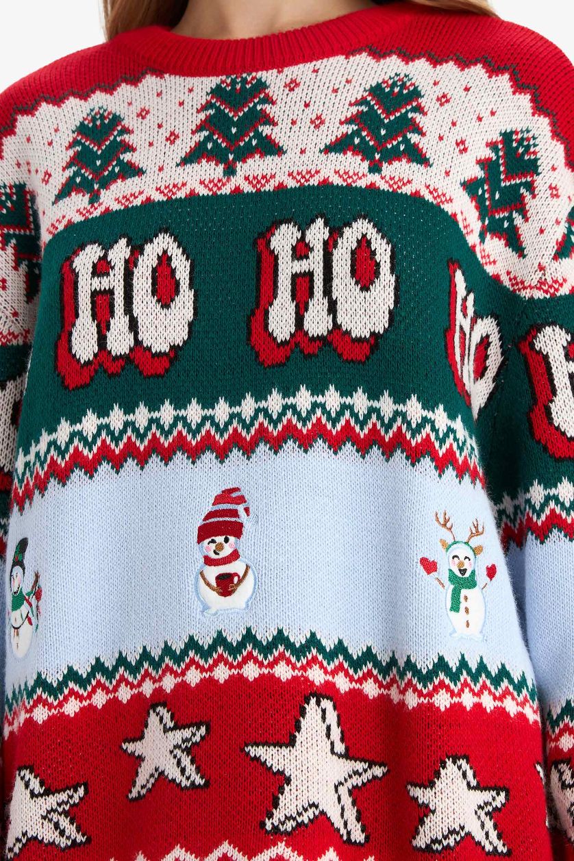 Kadın Kırmızı Yılbaşı Temalı Regular Fıt Bisiklet Yaka Kazak