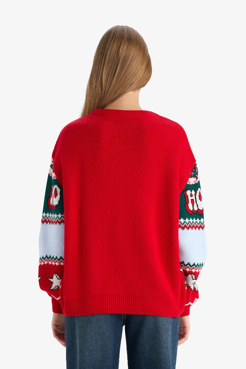 Kadın Kırmızı Yılbaşı Temalı Regular Fıt Bisiklet Yaka Kazak