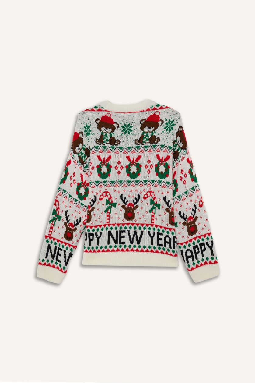 Kadın Ekru Yılbaşı Temalı Regular Fıt Bisiklet Yaka Kazak