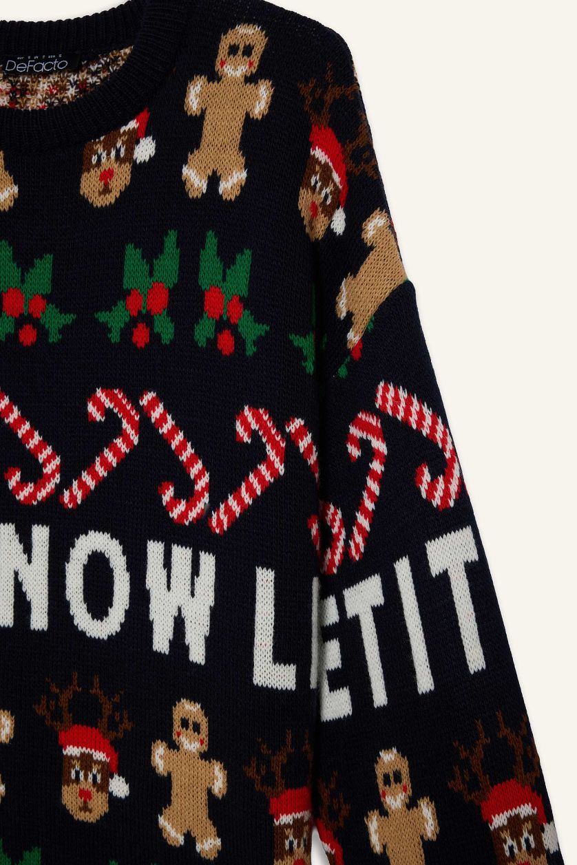 Kadın Lacivert Yılbaşı Temalı Regular Fıt Bisiklet Yaka Triko Kazak