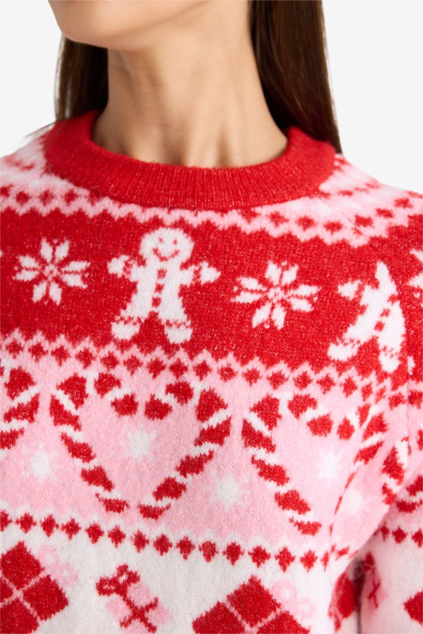 حريمي أحمر بلوفر ملون قصة عادية برقبة مستديرة وطبعة كريسماس