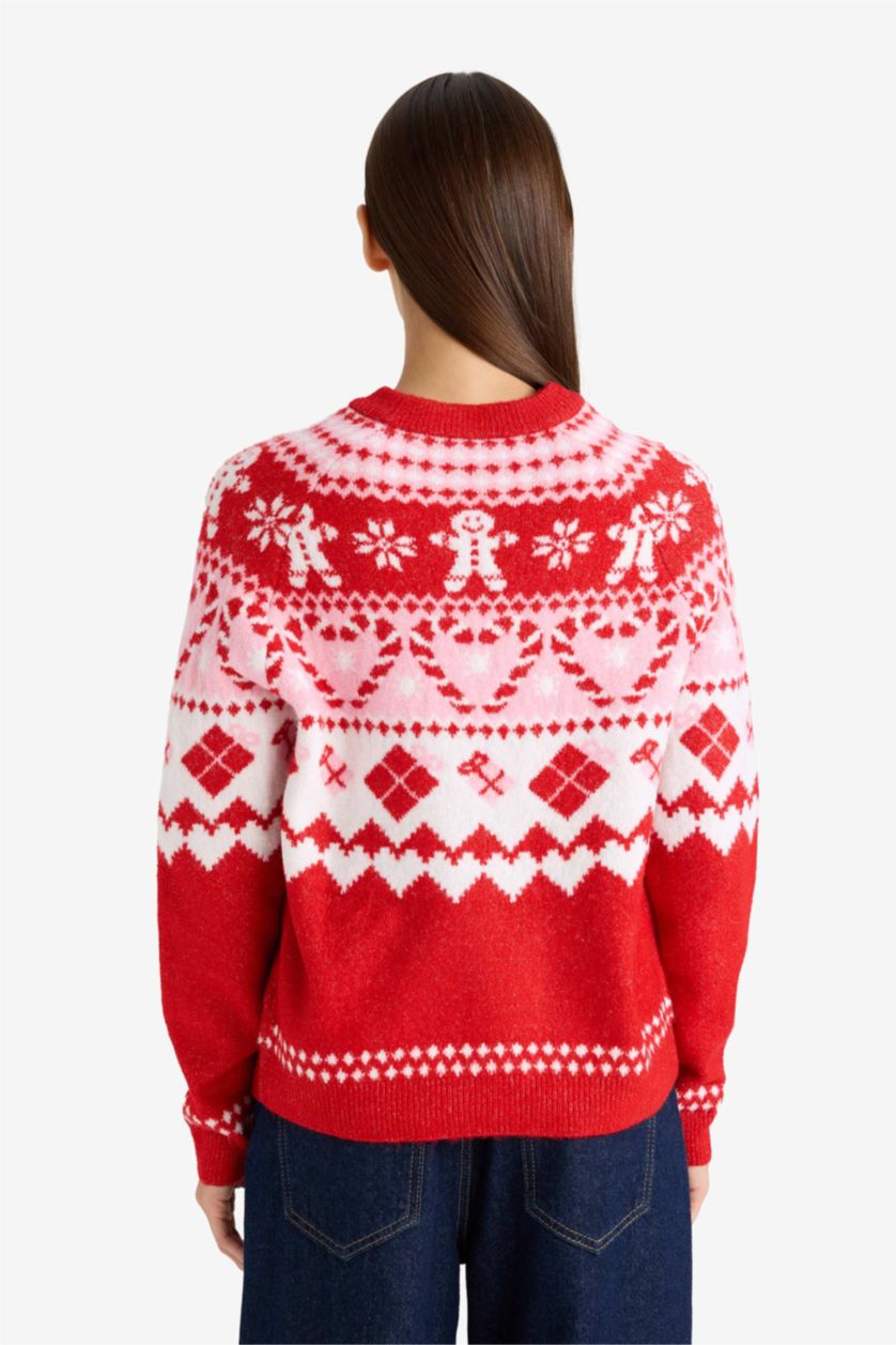 حريمي أحمر بلوفر ملون قصة عادية برقبة مستديرة وطبعة كريسماس