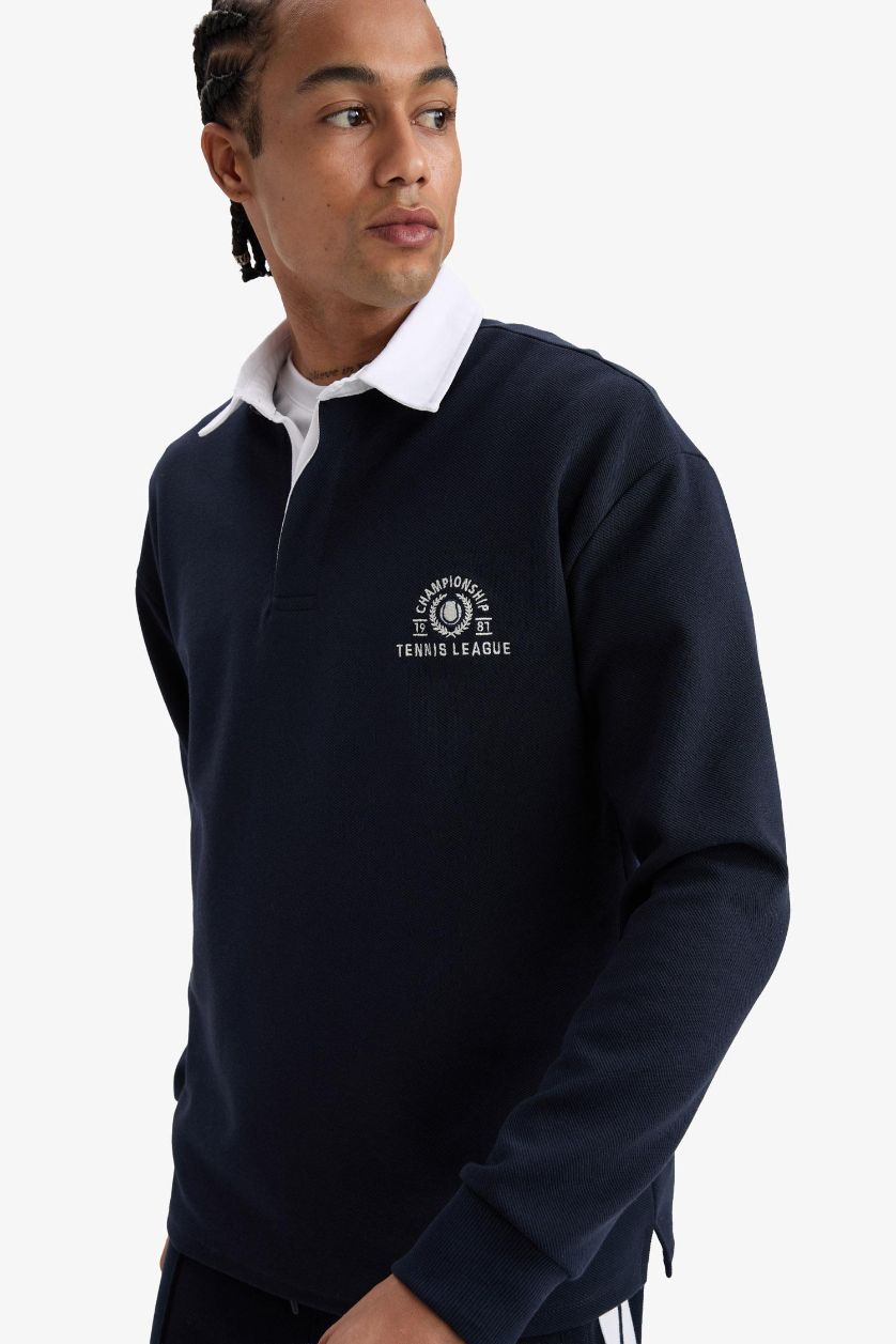 Erkek Lacivert Boxy Fit Gömlek Yaka Sporcu Sweatshirt