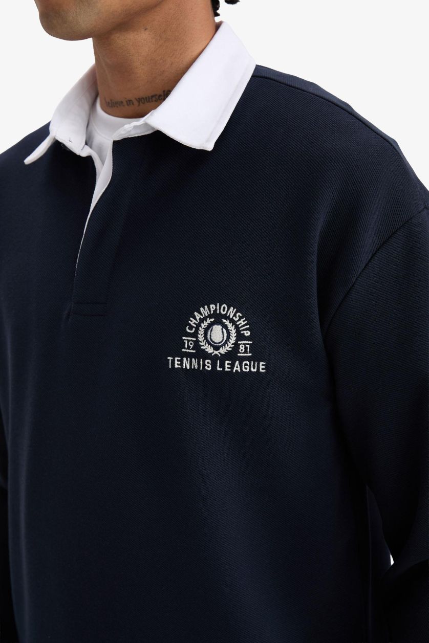 Erkek Lacivert Boxy Fit Gömlek Yaka Sporcu Sweatshirt