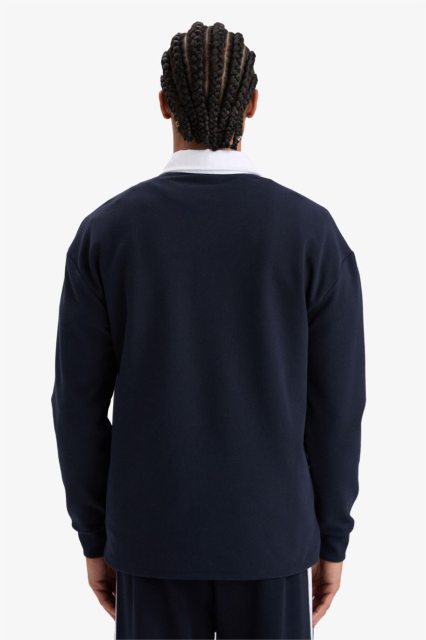 Erkek Lacivert Boxy Fit Gömlek Yaka Sporcu Sweatshirt