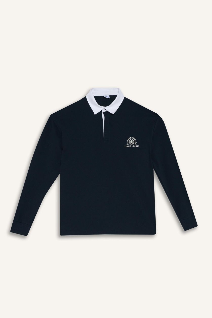 Erkek Lacivert Boxy Fit Gömlek Yaka Sporcu Sweatshirt