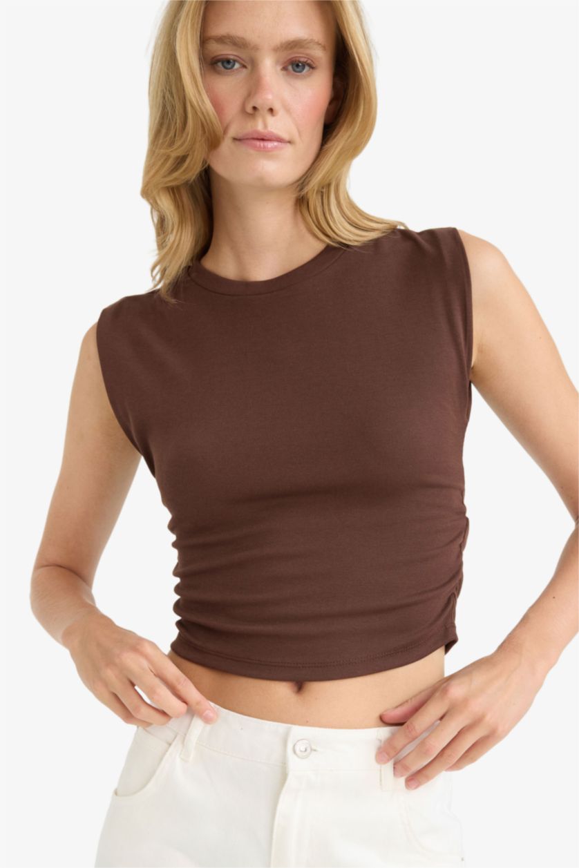 Kadın Kahve Slim Fit Dar Kesim Bisiklet Yaka Büzgülü Ribana Atlet