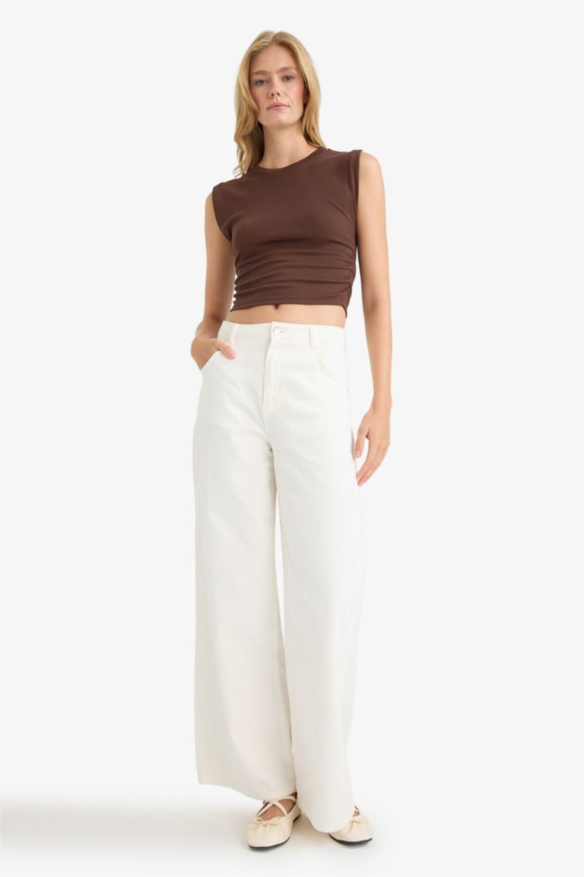 Kadın Kahve Slim Fit Dar Kesim Bisiklet Yaka Büzgülü Ribana Atlet