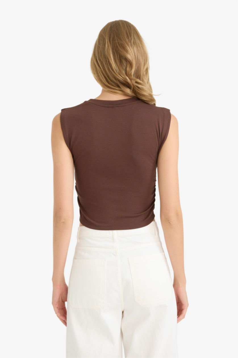 Kadın Kahve Slim Fit Dar Kesim Bisiklet Yaka Büzgülü Ribana Atlet