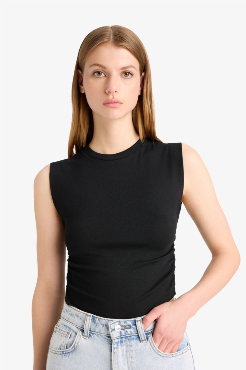 WOMAN Black Slim Fit Basic Crew Neck Ribbed Tank Top