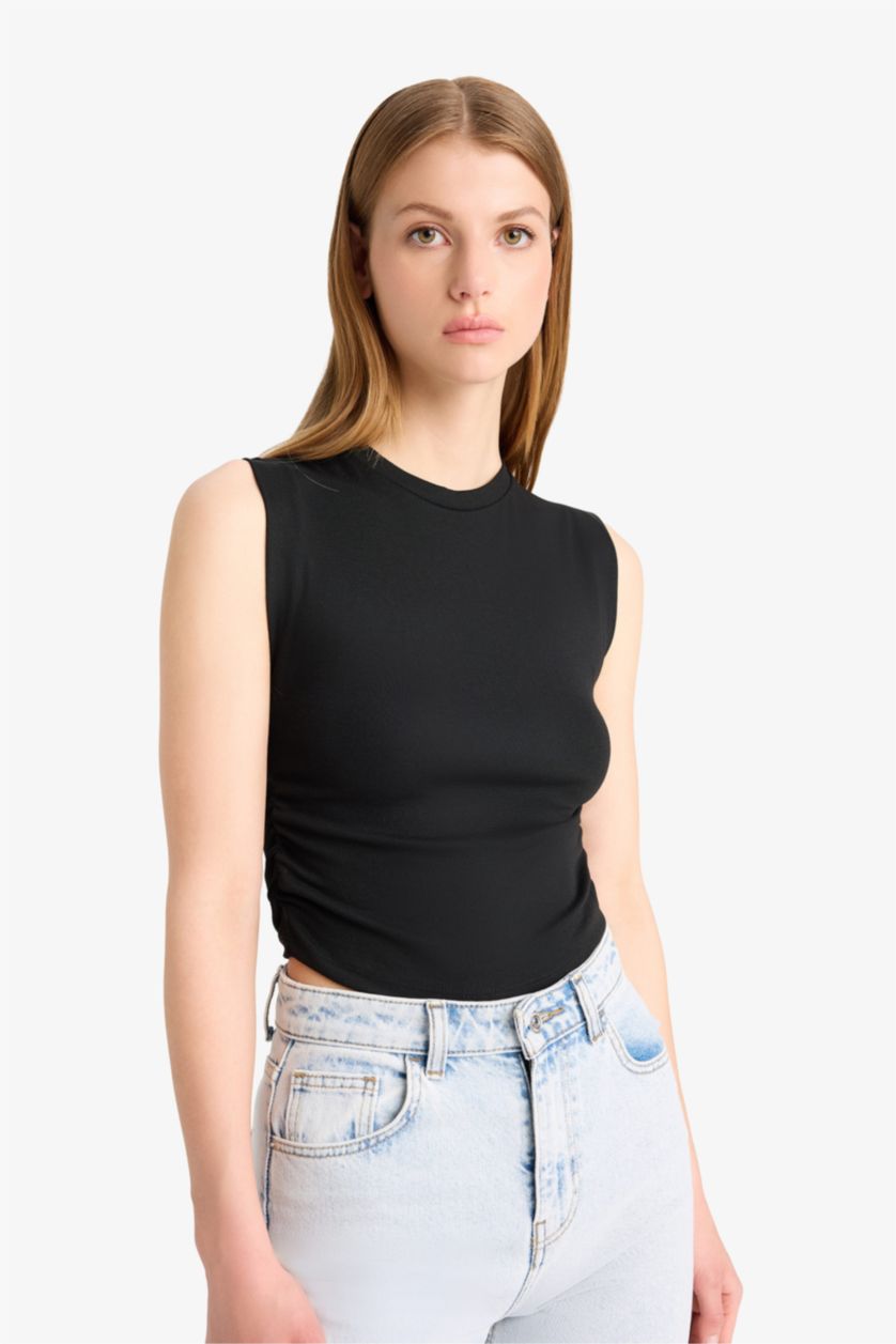WOMAN Black Slim Fit Basic Crew Neck Ribbed Tank Top